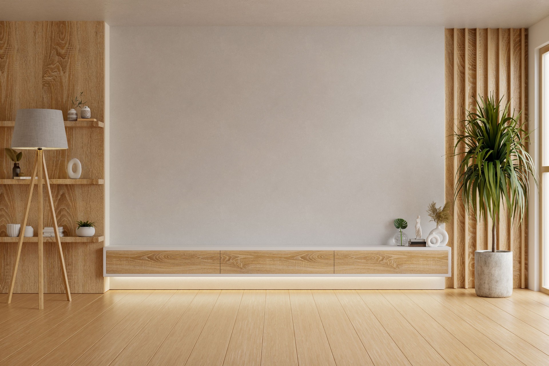 Modern minimal living room interior with a wooden TV wall unit, indoor plant, soft natural light, floor lamp, and decorative items on shelves- 3D rendering Modern minimal living room interior with a wooden TV wall unit, indoor plant, soft natural light, floor lamp, and decorative items on shelves- 3D rendering